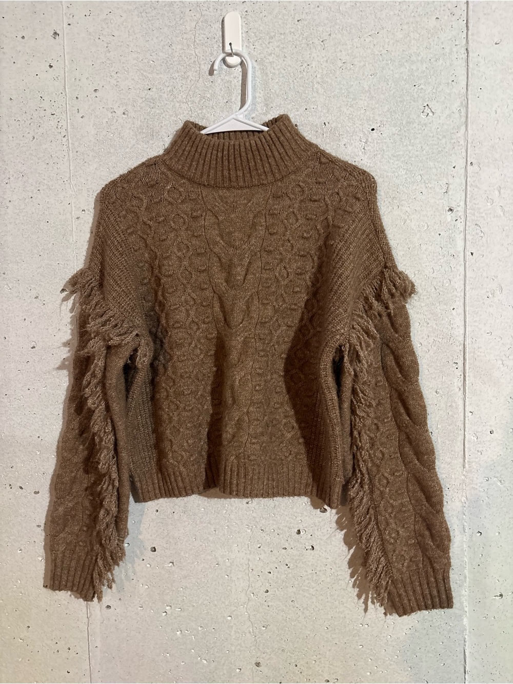 Ana Cable Knit Fringe Sleeve Mock Neck Sweater | Size: Medium